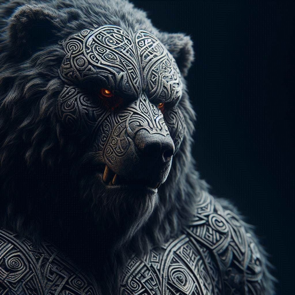 Close-up Photograph: Mythic Legions- "concerned obese Kodiak Bear Mage"; in dark fur inlayed with tribal-scars; standing in elemental darkne...