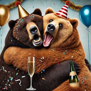 obese Bear duo hugging; an excited Kodiak Bear smothering; unimpressed obese Bear with a disgusted look; Newyear's duo Party background;

