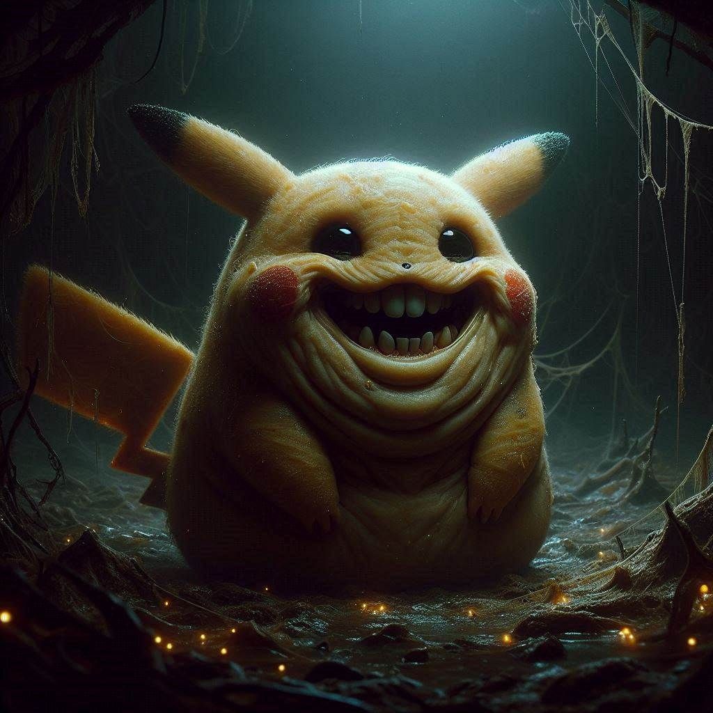 Microphotograph: "Excited obese Pikachu"; sharp teeth smiling demented, standing in a twisted, dark and haunted basement; in swampy darkness...
