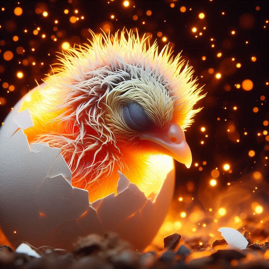 Macro-photograph portrait: littlest-Cutest newborn tiny baby Phoenix; hatching from a fiery breaking eggshell;
