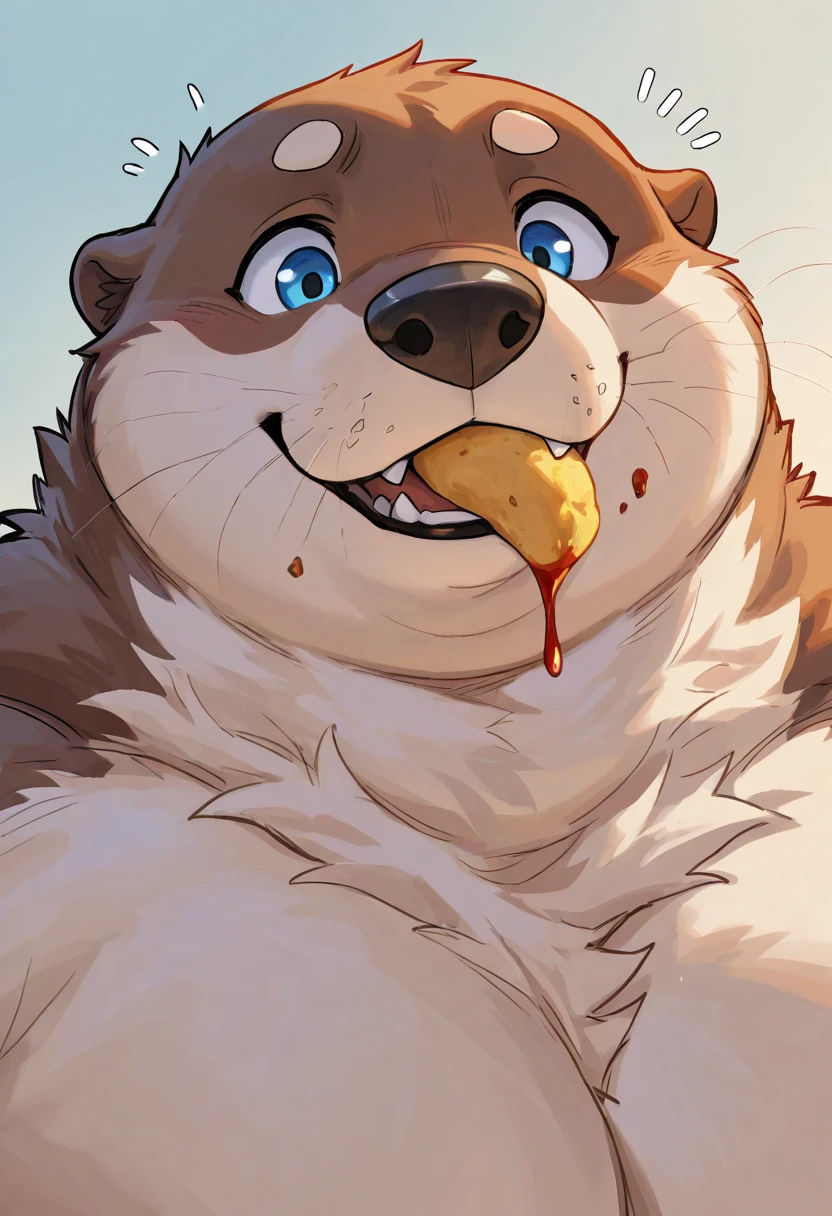 Portrait: Obese Otter; eating chicken nuggets; (muscular, kind; light fur); excited expression, concerned focused eyes, inviting River Otter...
