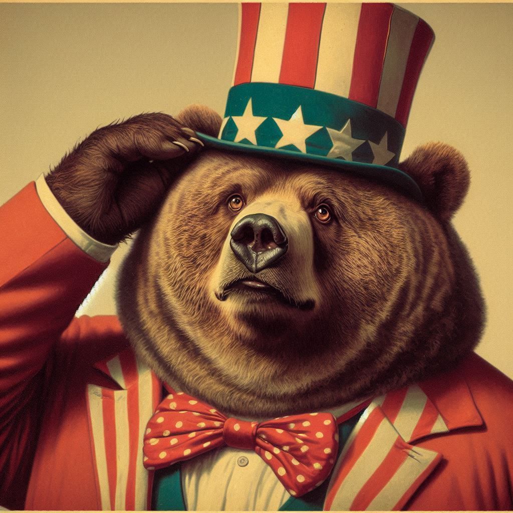 vintage Norman Rockwell style portrait: obese Kodiak Bear; looking at the viewer with surprised sarcasm; wearing Circus Ringmaster attire;
