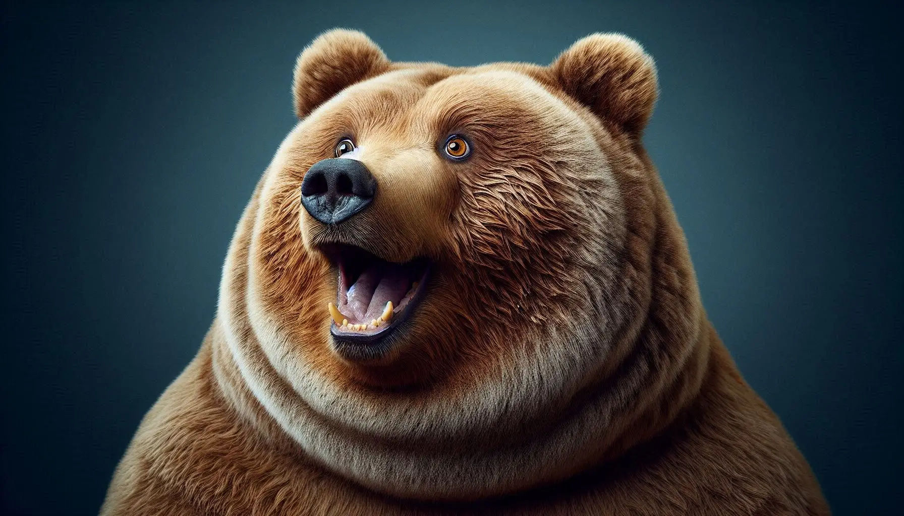 Photograph Portrait: obese Kodiak Bear; The Bear exudes surprised excitement; his absurd expression and gaze looking to the left; with a foc...