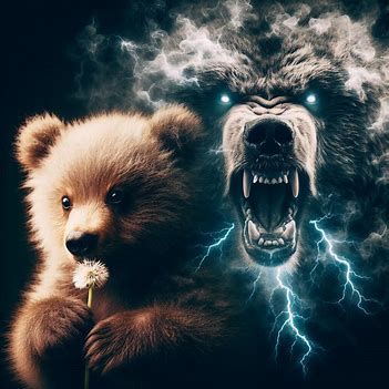 Double-Exposure Style Photographic Portrait: Sweet little Bear; eating a dandelion; overshadowed by an ominous anger ridden scowl of an obes...