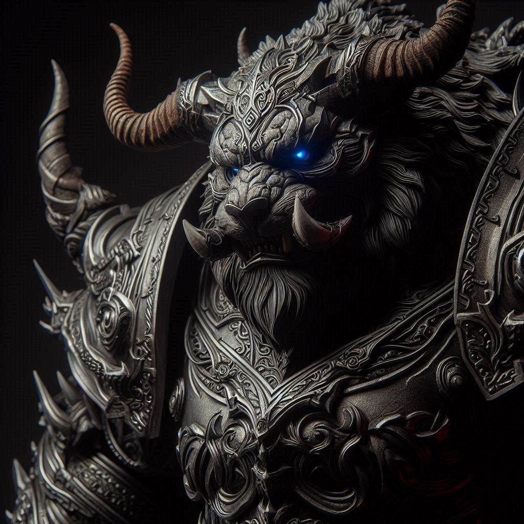 Close-up Photograph: Mythic Legions- "Ominous obese Kodiak Bear"; in elemental darkness;
