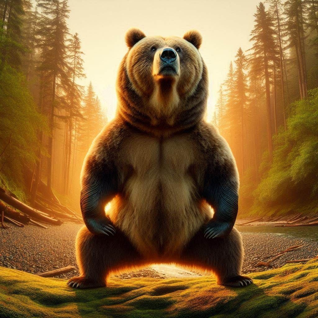 Panoramicrophotograph: Yoga Master-obese Kodiak Bear; looking confident; power-stance; arms up; -Bear-style- this action shows a master's se...