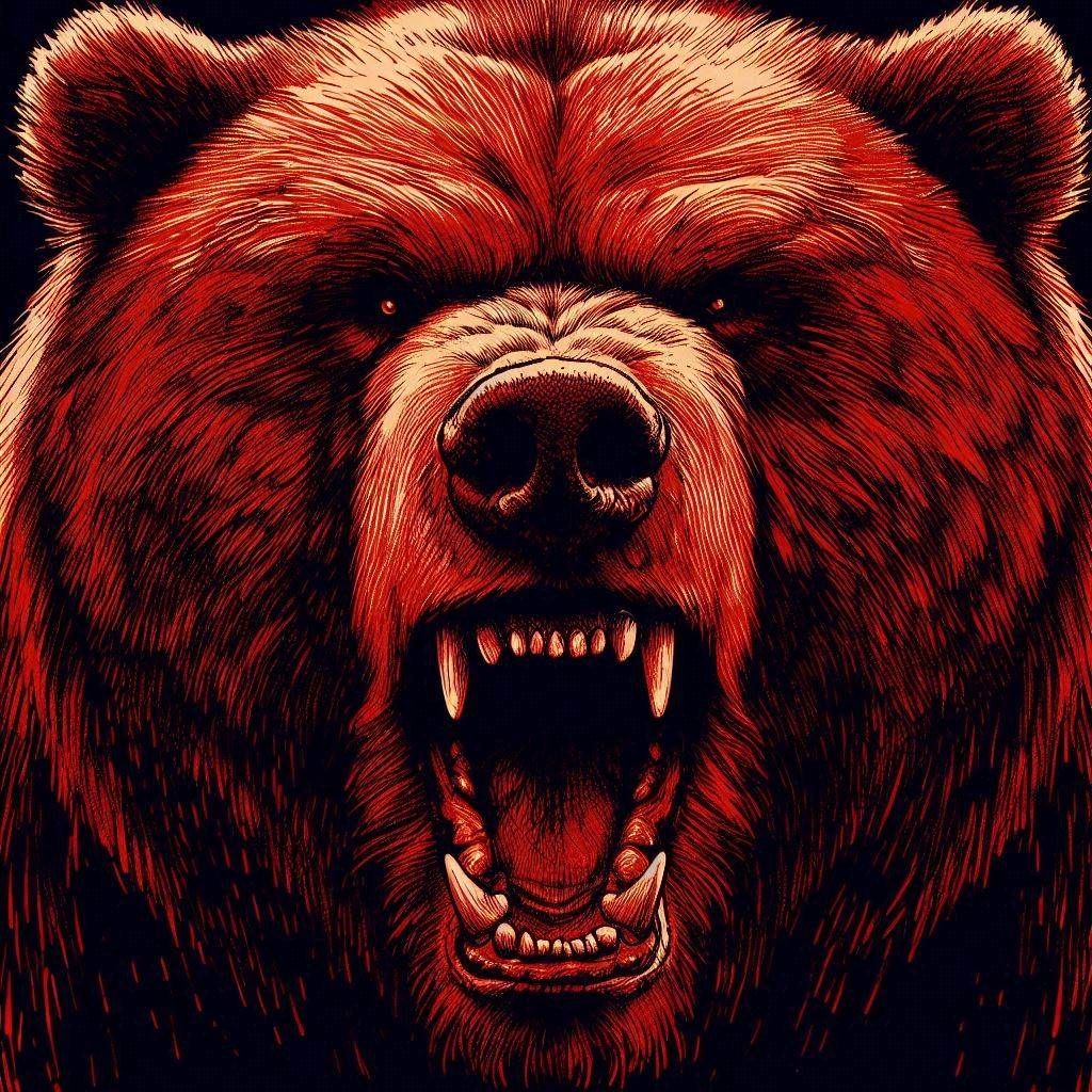 Close-up Redscale Black-Ink overlined sketch portrait: Angry raging Obese Kodiak Bear; towering in blackness;
