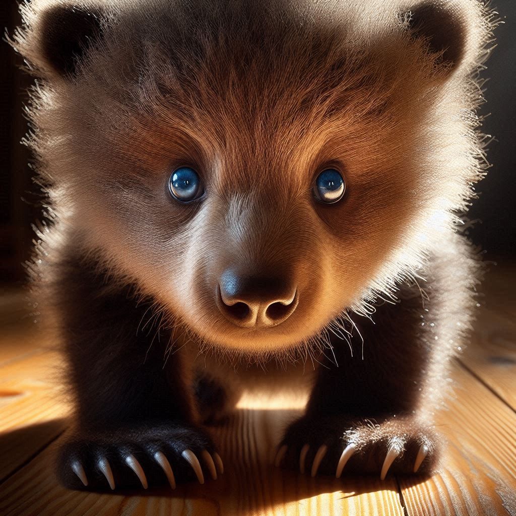 "close-up panoramicophotograph looking-down into the intense blue eyes of newborn baby-Bear's fuzzy fat-face; crouching in afternoon sunligh...