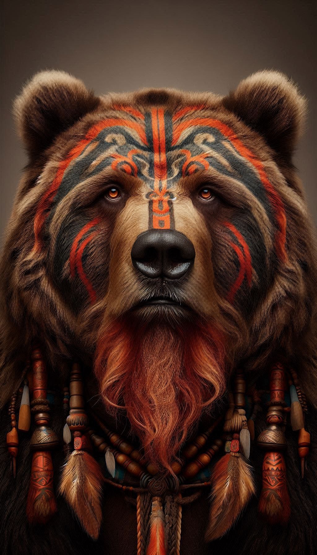 Photograph Portrait: obese Grizzly Bear-Viking Shaman-Fire Demon; exudes sarcasm and sophistication; his concerned gaze fixed on the viewer;...