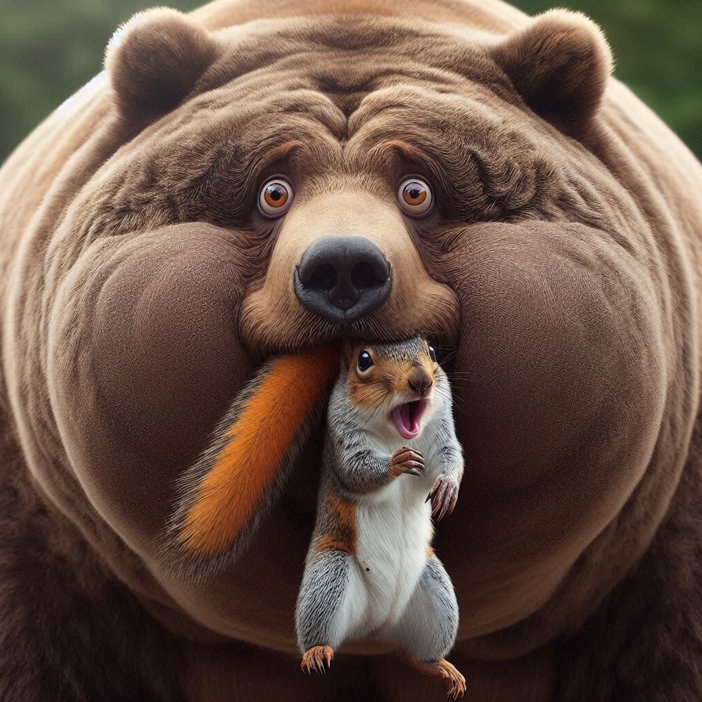 obese Kodiak Bear; with a squirrel in his mouth; bulging cheeks; round eyes looking into the viewer; surprised and confused; the squirrel in...