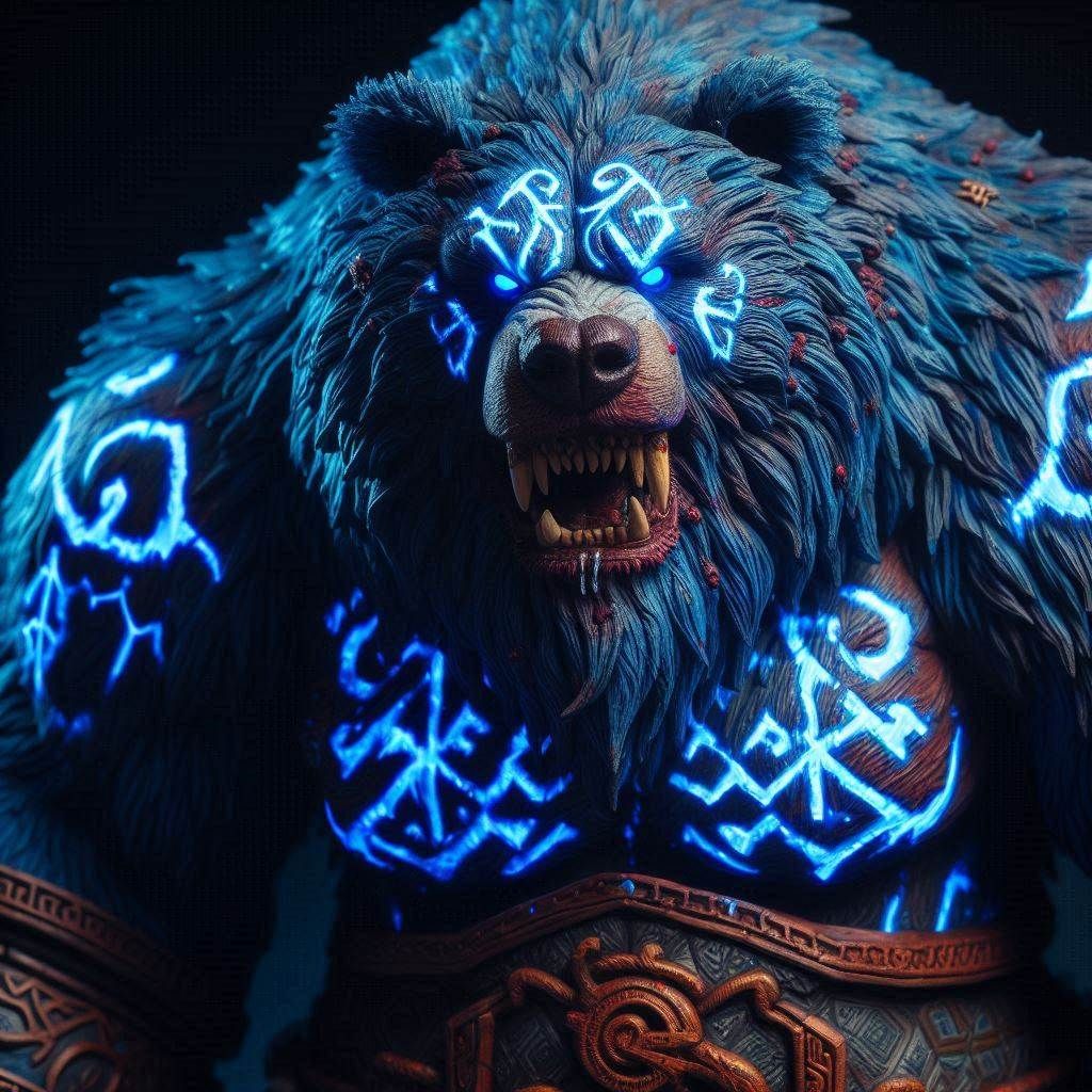 Close-up Photograph: Mythic Legions- "Angry obese Kodiak Bear Barbarian Ravager"; in blue fur inlayed with glowing runes; standing in elemen...