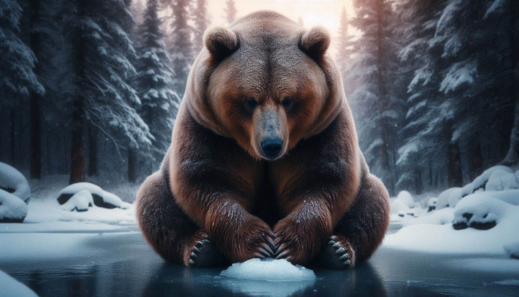 Photograph Portrait: sentimental obese Kodiak Bear; frozen; sitting looking down into an ice puddle; snowy evening lit forest; reminiscent v...