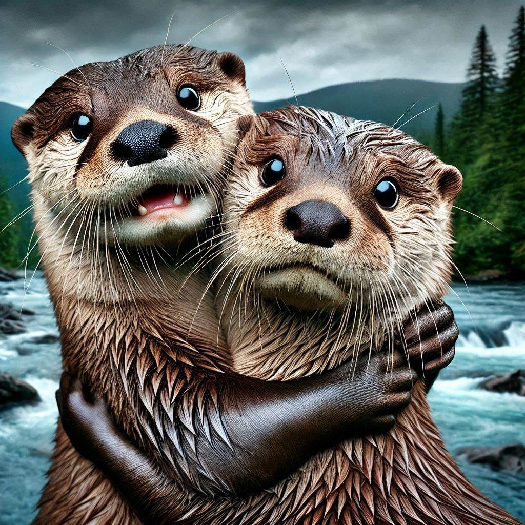 Photograph Duo Portrait: Excited eyed River Otter hugging a concerned Otter with an intense attentive look; forest/river background;
