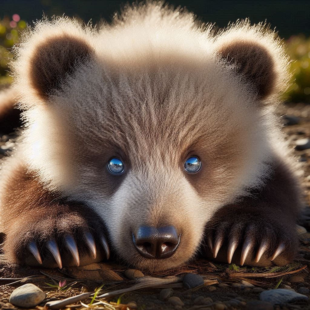 "close-up panoramicophotograph looking-down into the intense blue eyes of newborn baby-Bear's fuzzy fat-face; crouching in afternoon sunligh...