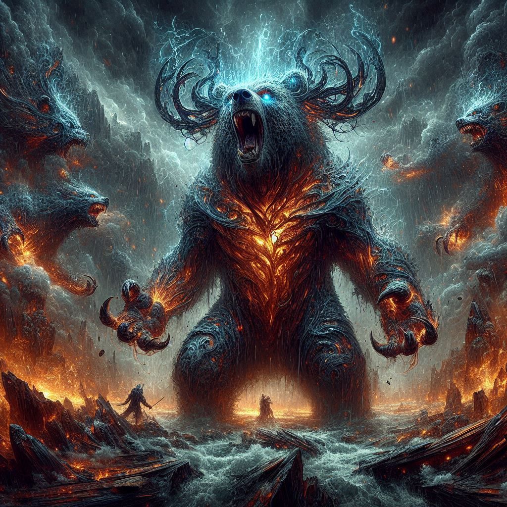 Panoramicrophotograph: "Mythic Legions- Raging Kodiak Bear; in elemental charged darkness;"
