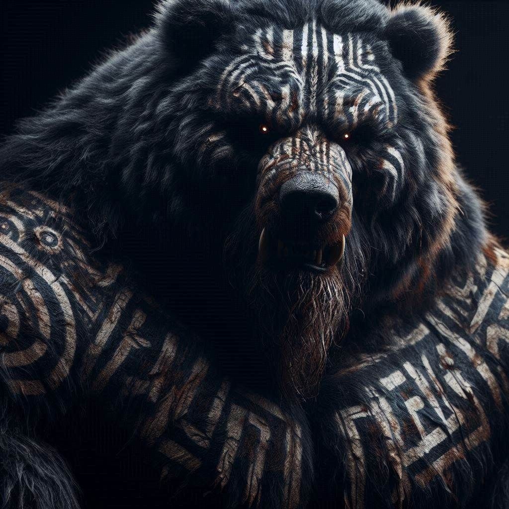 Close-up Photograph: Mythic Legions- "Ominous obese Kodiak Bear Barbarian"; in dark fur inlayed with tribal-scars; standing in elemental dar...