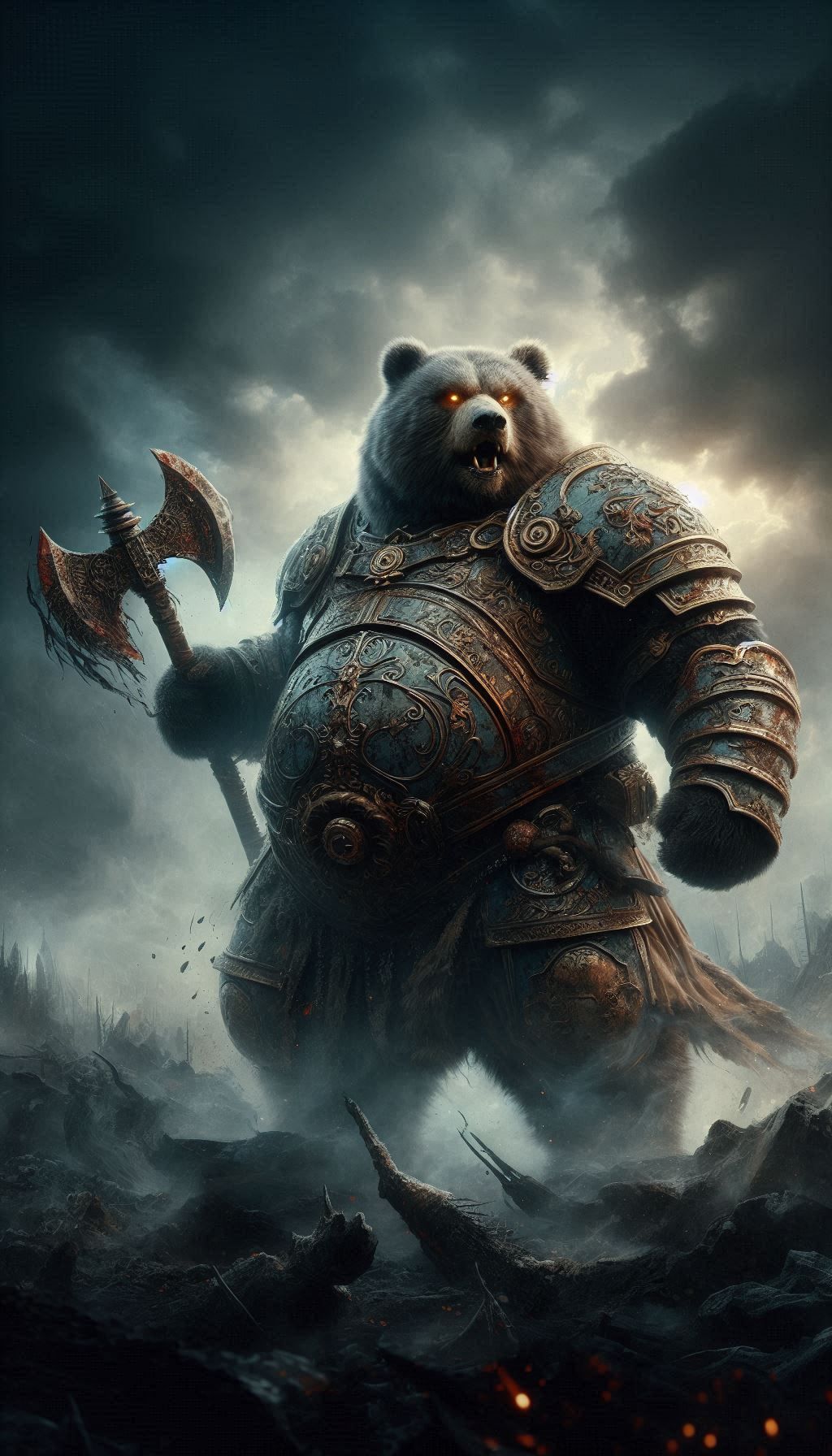 obese Kodiak Bear clad in ornate Victorian armor, wielding a massive battle axe, stands defiantly on a fog-shrouded battlefield. The bear's ...
