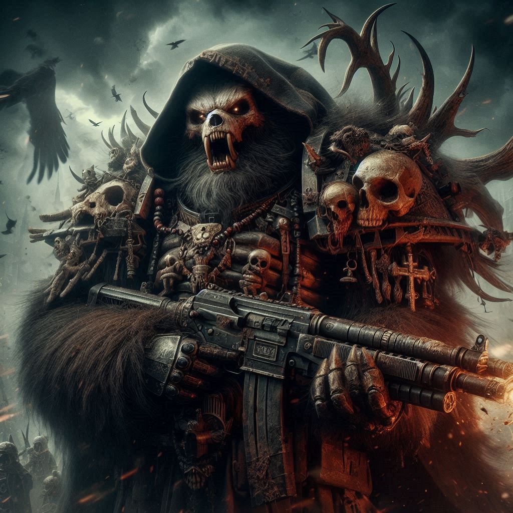 Photograph: Mythic Legions- "Sarcastic Obese Kodiak Bear Marine"; in elemental darkness;
