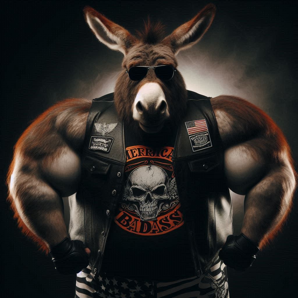 Photograph: Obese Biker Donkey- "American Badass"; sarcastic; muscled; showing off in darkness;