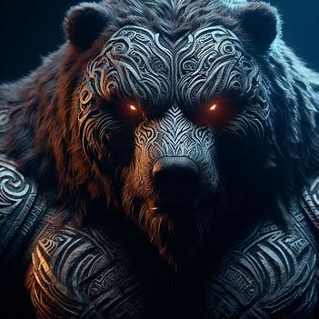 Close-up Photograph: Mythic Legions- "Ominous obese Kodiak Bear Barbarian"; in dark fur inlayed with tribal-scars; standing in elemental dar...