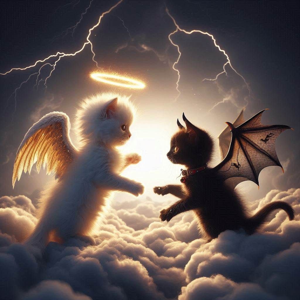 Photograph profile Portrait: little white angel Kitten; with a gold light halo; fighting a tiny black kitten with bat wings; horns and a fir...