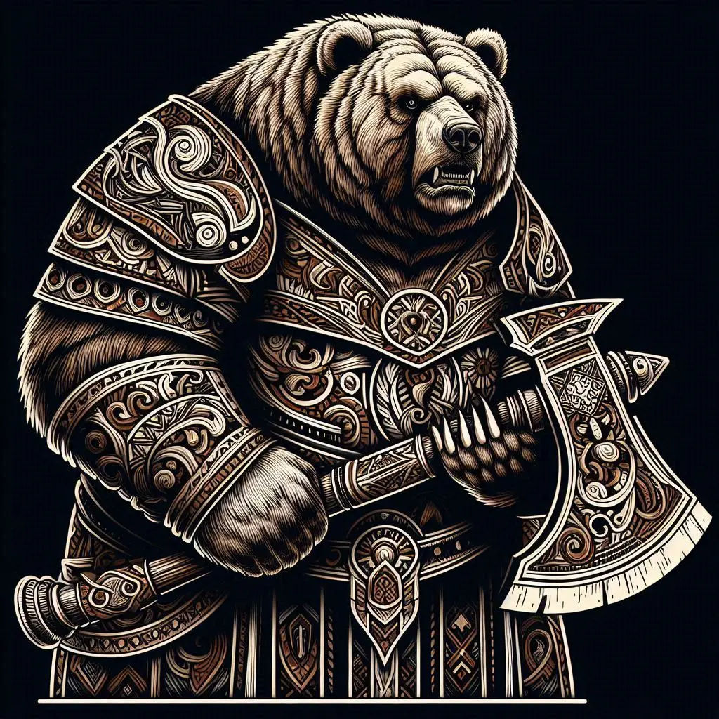 Tribal inlay design portrait: obese Kodiak Bear clad in ornate Victorian armor, wielding a massive battle axe, stands defiantly; The bear's ...