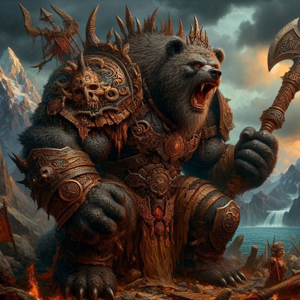 Photograph: Mythic Legions- "stocky Obese Kodiak Bear-Legionnaire"; in elemental darkness;
