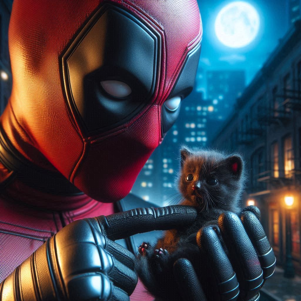 Close-Up Photograph: Deadpool; Affectionately holding a tiny black kitten; sentimental vibes; in New York alley moonlit darkness;
