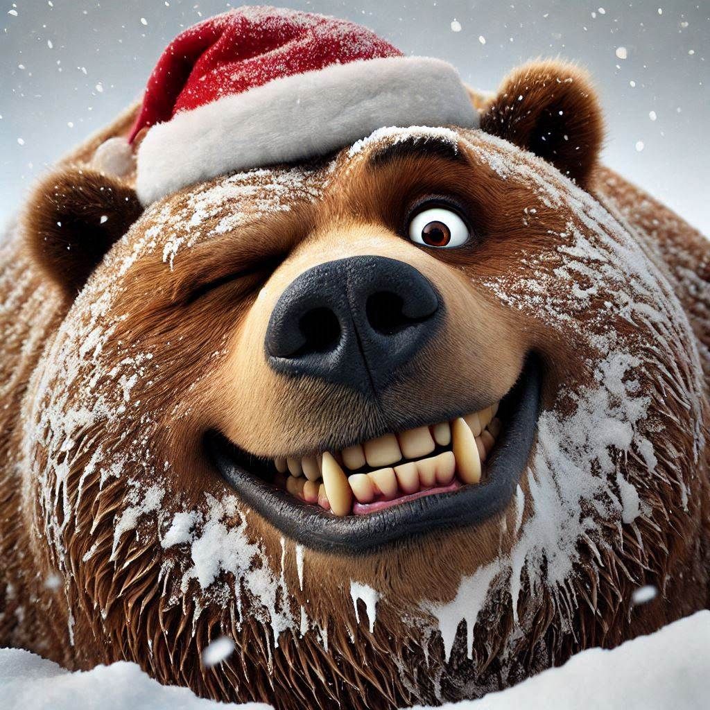 An obese Kodiak Bear; raising its head slightly; winking one eye open wide with strong contempt; snow and comical pleased teethy expression;...
