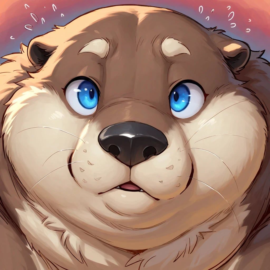 Portrait: Obese Otter;  (kind expression, light fur); uh Mouth, concerned focused eyes, inviting mega-obese River Otter; detailed blue eyes,...