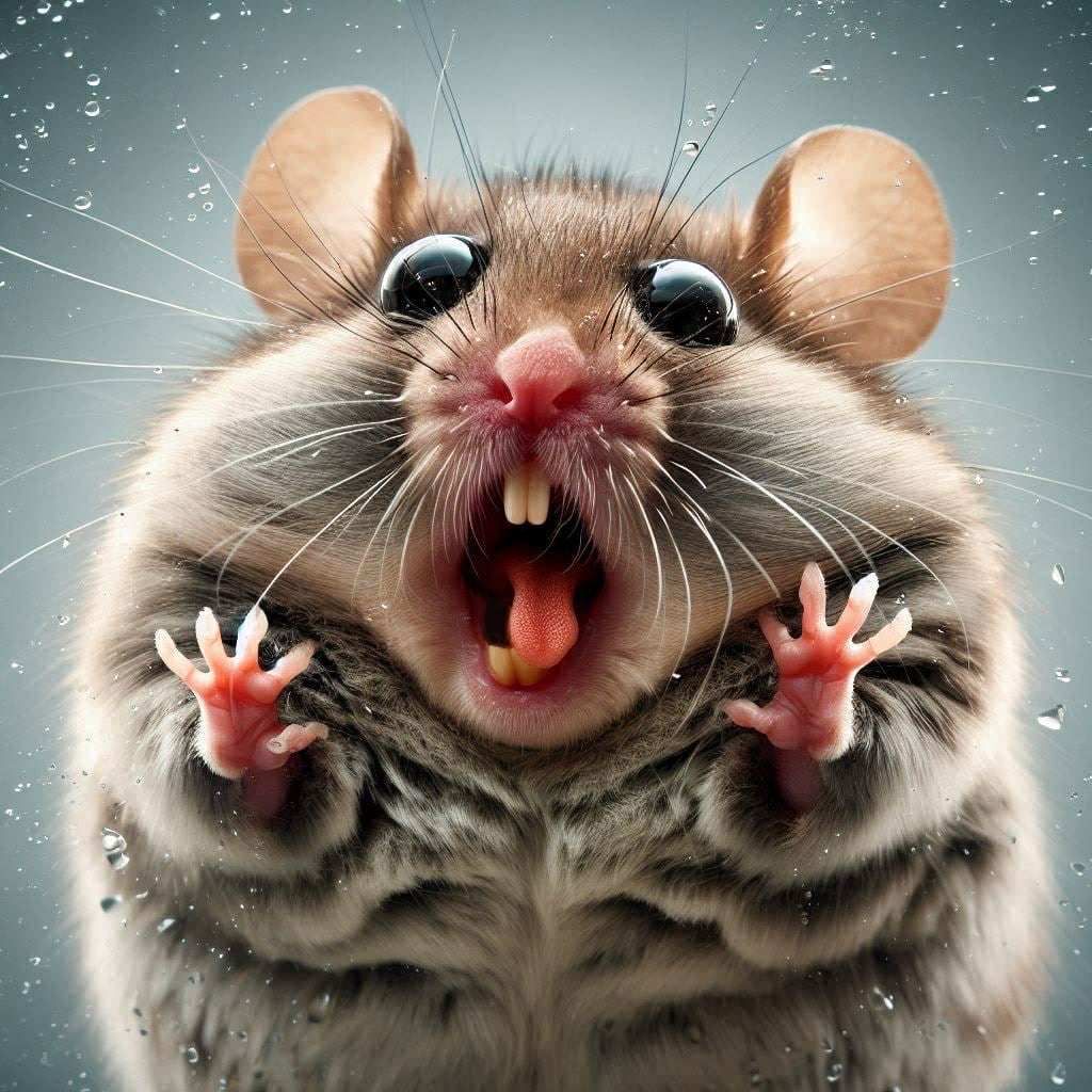 Portrait: Obese Field Mouse; googly cross-eyed; demented, startled and shocked; scrunched-face; pressing against transparent glass; mid-coll...