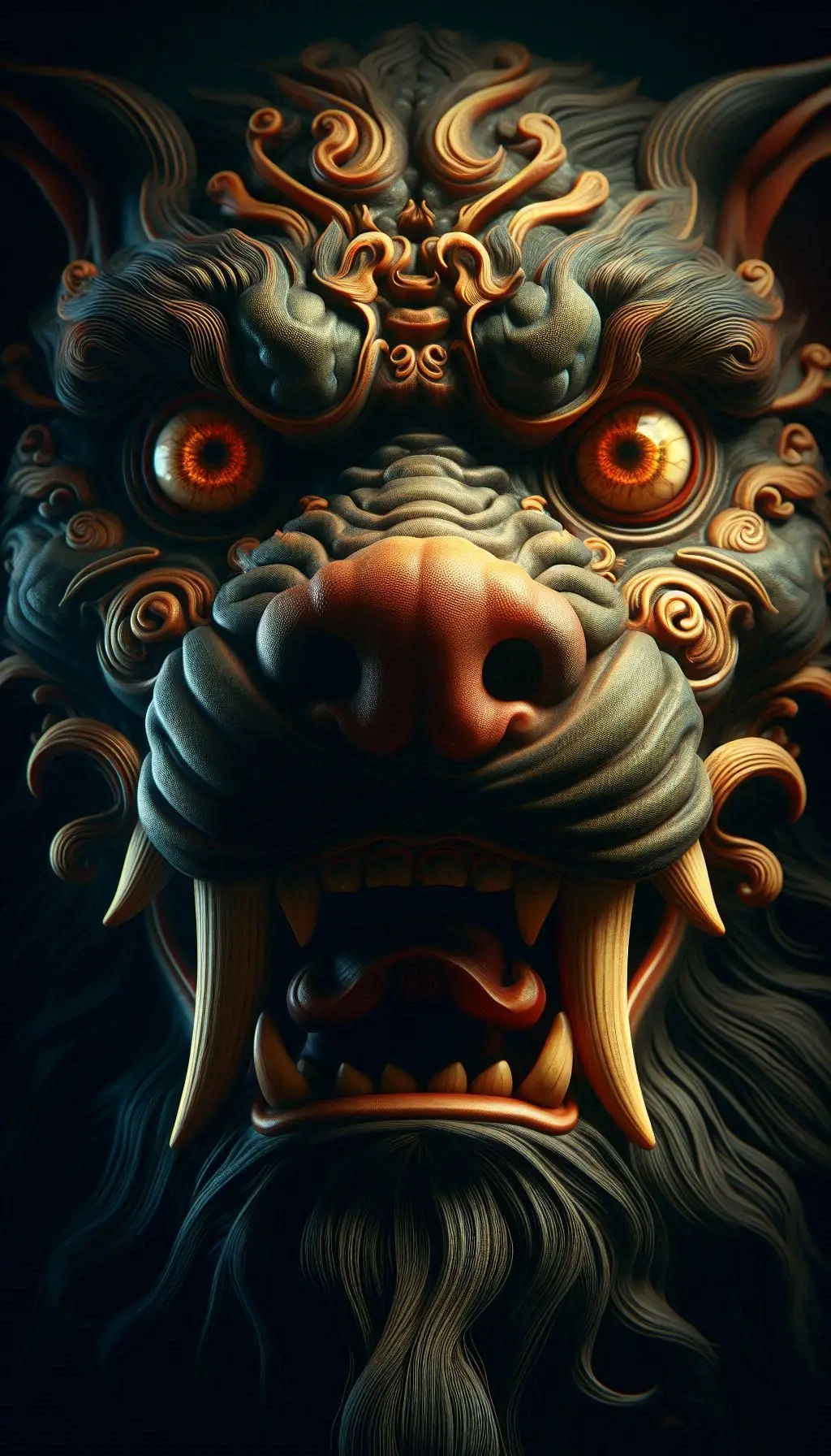 intimidating Foo Dog in darkness; bulging eyes; intense expression; Ancient guardian; close-up portrait; dramatic lighting with rim lighting...