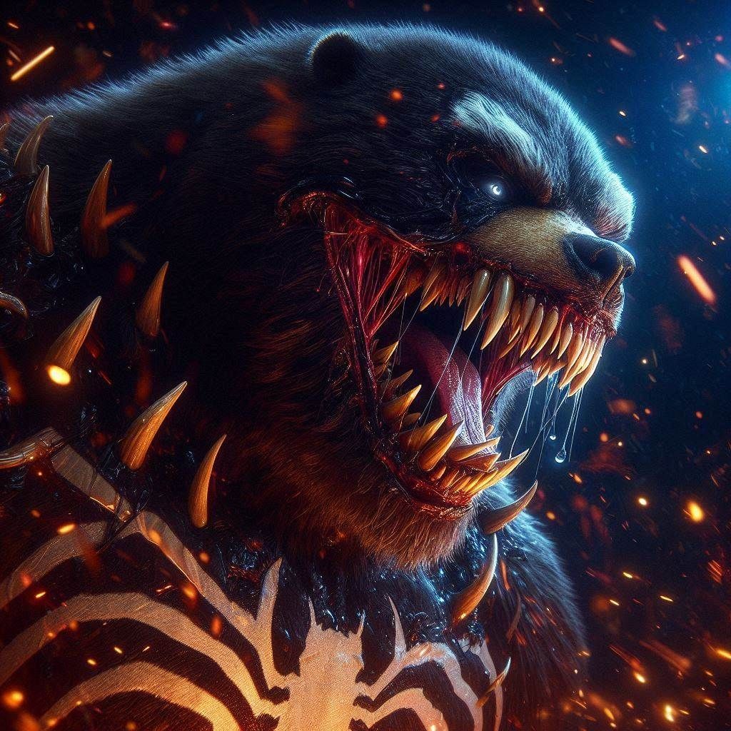 Photograph Portrait: Mythic Legions- "Marvel: Obese Bear-Venom Symbiote"; in explosive darkness;
