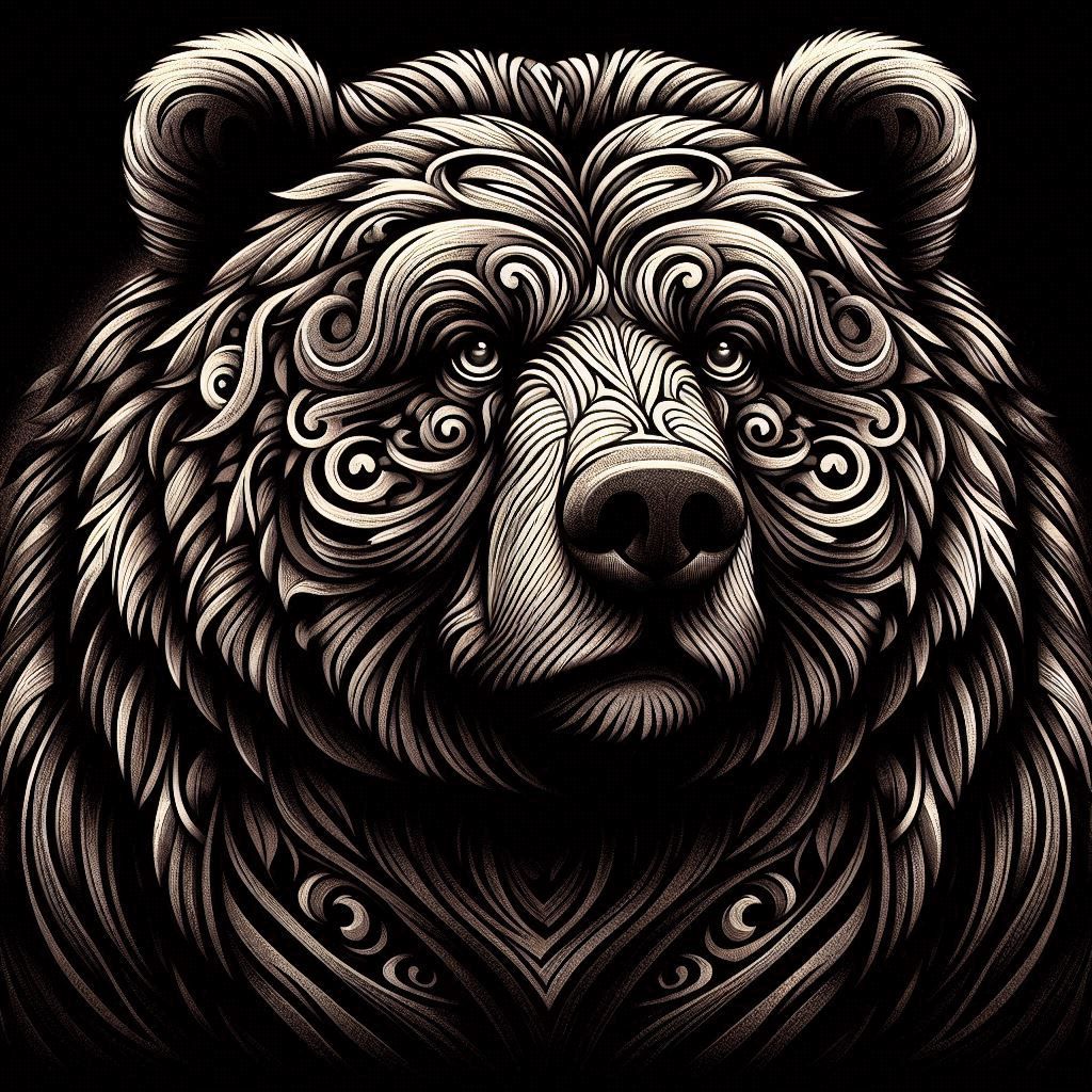 Tribal inlay design portrait: Obese Brown Bear; curious; concerned expression, excited, mega-obese Bear) design sketch style; atmospheric, e...