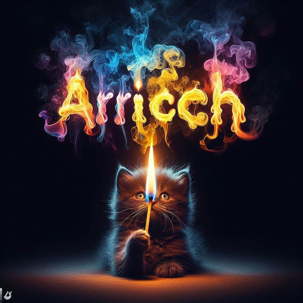 Dark and mysterious tone background with a central light that is created from a lit match with a beautiful flame. The letters “Arrioch” are...