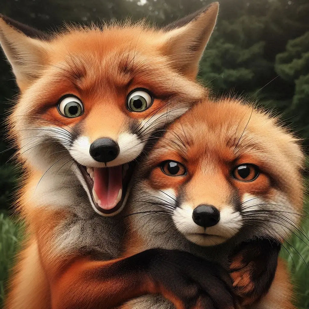 Close-up Photograph Duo Portrait: Excited Googly eyed Fox hugging an unimpressed Fox with a tired look; forest background;
