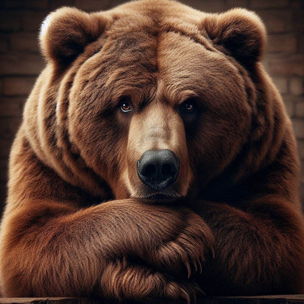 Photograph Portrait: burly Kodiak Bear; with elbows on knees and chin resting on paw; focused and deep thought; random background setting;
