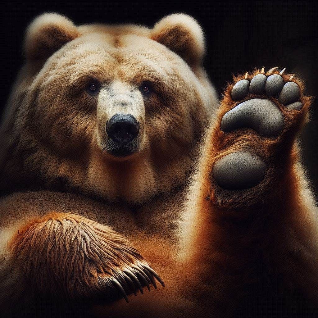 Photograph: "Attentive Obese Kodiak Bear; looking playful"; in darkness;
