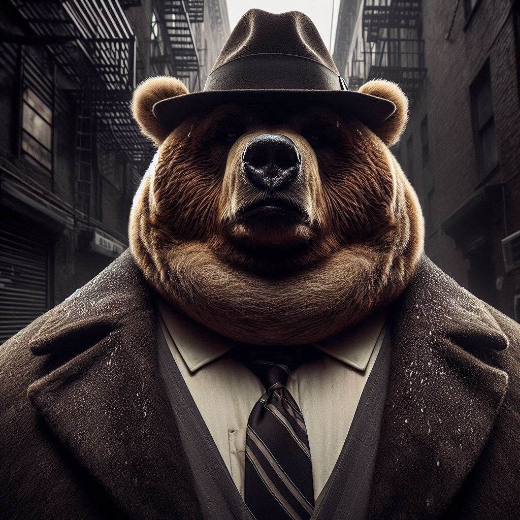 close-up portrait: ominous obese Kodiak Bear Mafia Boss; standing in a New York alley; provokingly coaxing the viewer into darkness;
