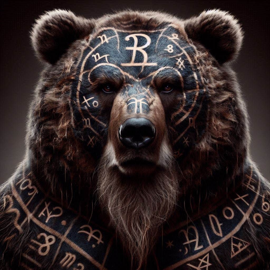 Photograph: Mythic Astrological- "Libra obese Kodiak Bear Berserker"; fur inlayed with Astrology-markings; facing viewer in elemental darkne...