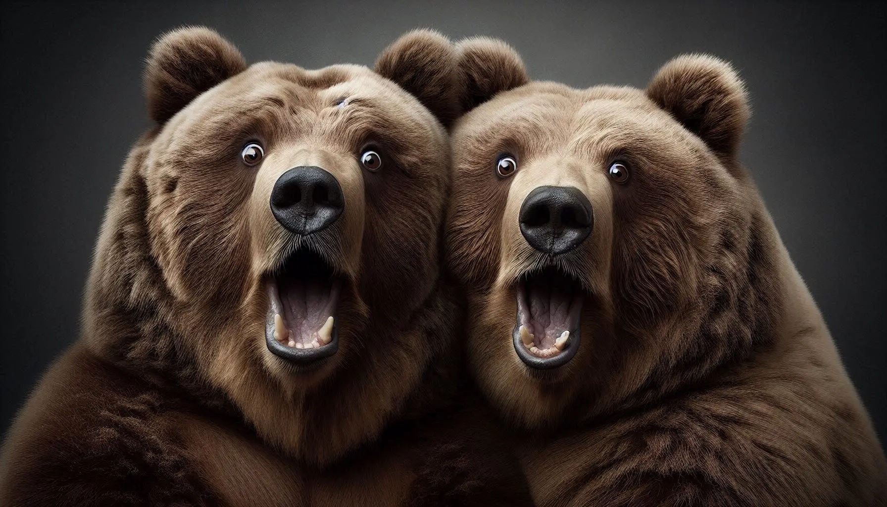Photograph Portrait: obese Kodiak Bears duo; The affectionate Bears exude surprised excitement; absurd expressions and gazes fixed on the vi...
