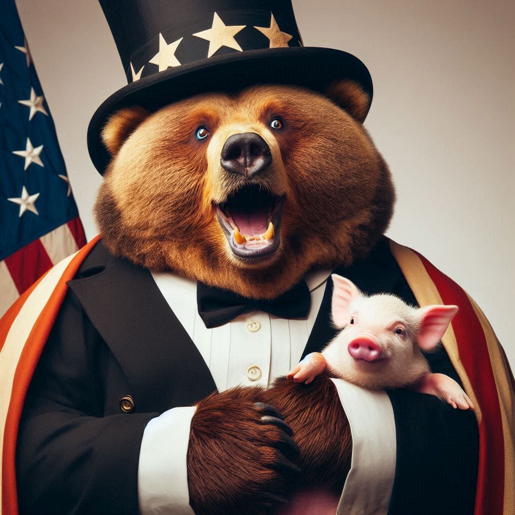 Close-up Photograph: Excited Obese Bear sharply dressed as Aberham Lincoln; holding a baby piglet; His eyes are bright; Bear is hold the pig...