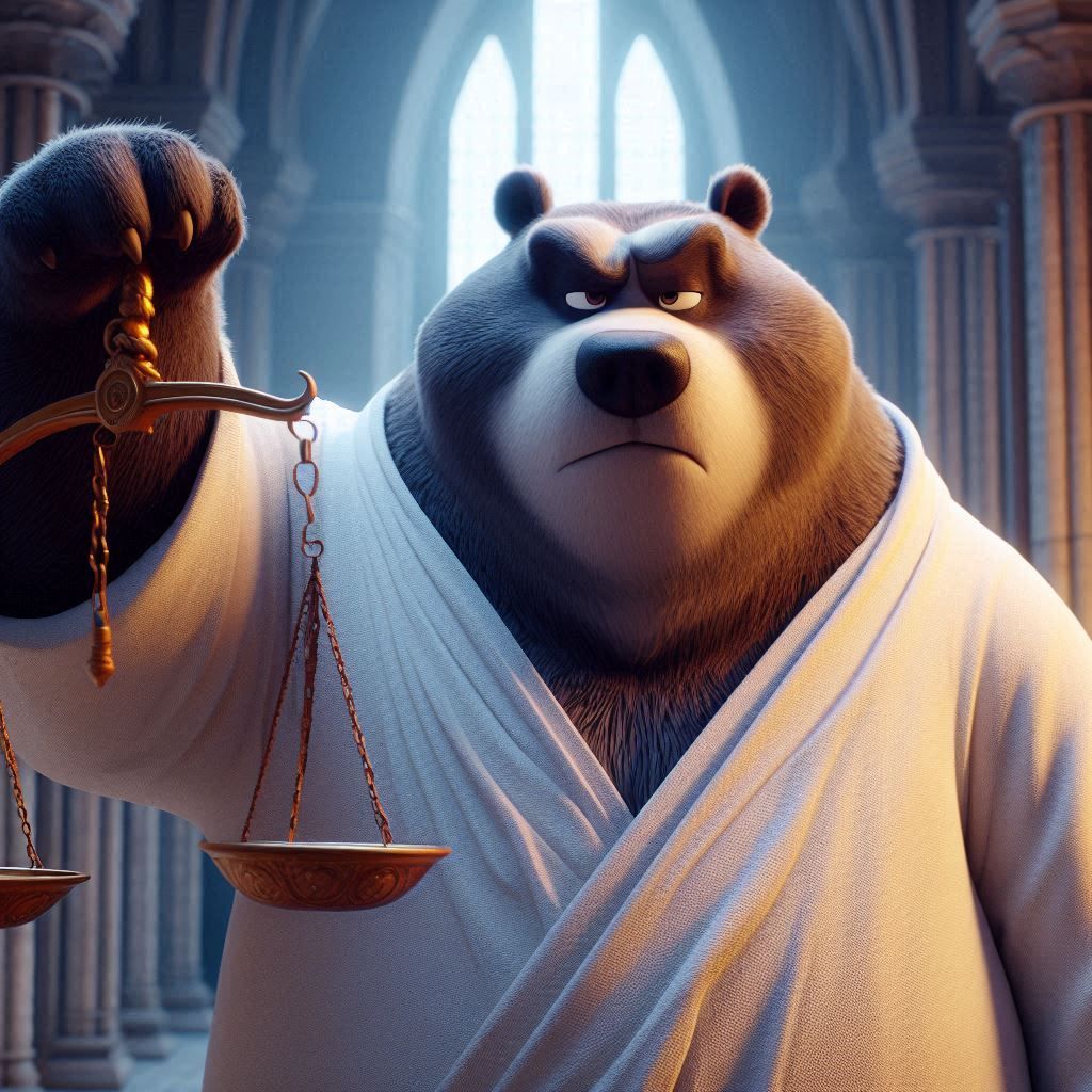 Animation portrait: serious Obese Bear-Justice; holding out _scales with one paw; holding a claymore behind his back; wearing a white flowin...
