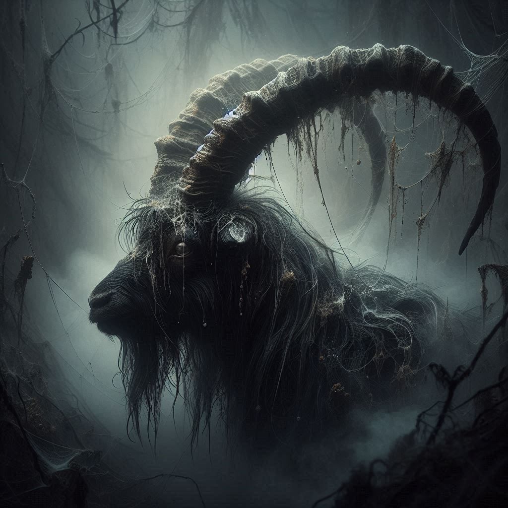 Microphotograph Portrait: "Obese "Black Phillip" demon Goat, with huge horns, Deep in a twisted, dark and Humid Dense Forest; rising from mi...