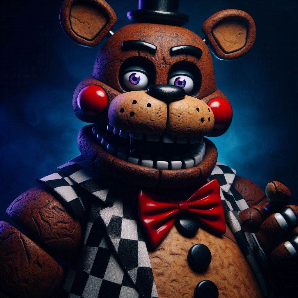 Photograph: "FNAF Obese Freddy FazBear-Joker; looking sarcastic"; in Gotham funhouse darkness;

