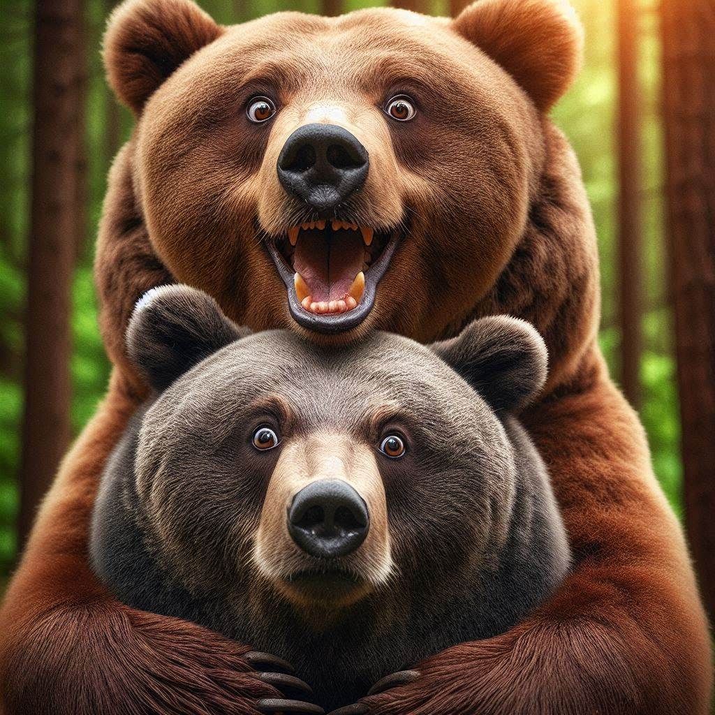 Photograph Duo Portrait: Excited eyed Obese Bear hugging an unimpressed Bear with an intense look; forest background;
