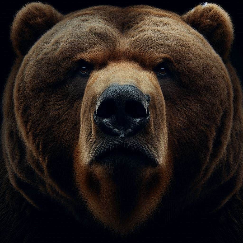 Close-up Photograph: Obese Kodiak Bear; concerned standing sarcastic; snide disgusted expression; pale eyes in darkness; accusing; scowl; pi...