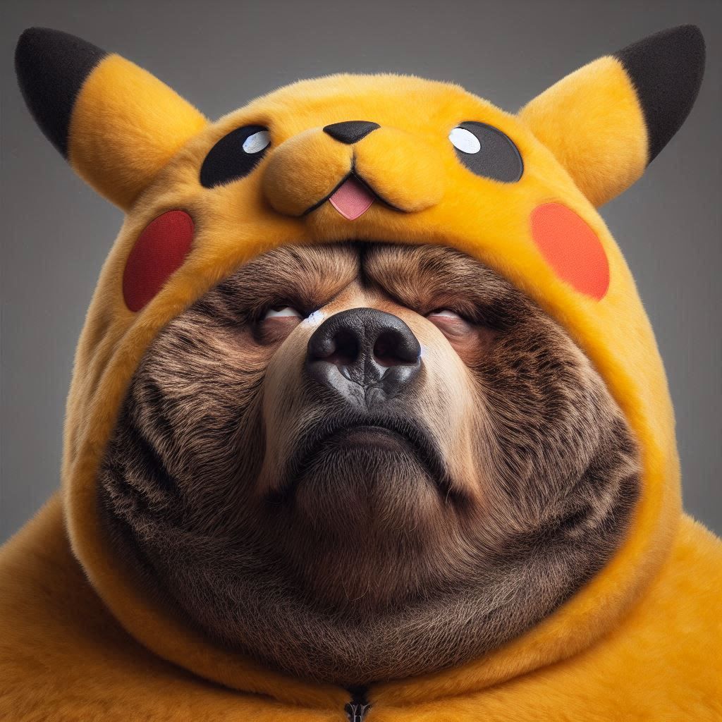 An obese Kodiak Bear; raising its head slightly; wearing a Pikachu costume; half-closed disgusted eyes with strong contempt; Exaggeration an...