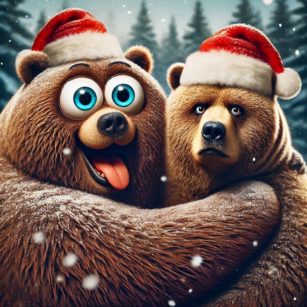 Close-up Photograph Duo Portrait: Excited googly eyed Obese Bear hugging an unimpressed Bear with an intense look; wearing a Santa hat; wint...