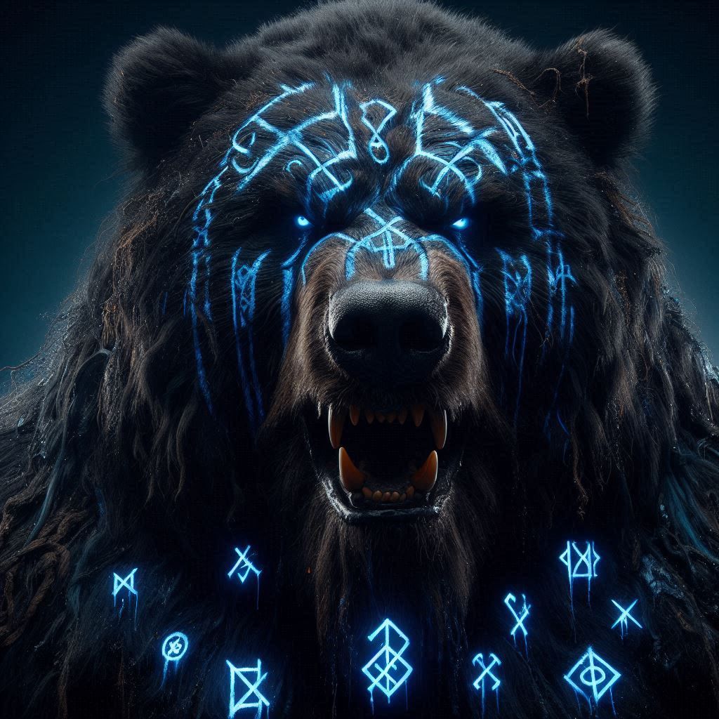 Photograph: "Angry obese Kodiak Bear Barbarian Ravager"; Black fur; inlayed with cobalt glowing runes; standing in elemental darkness; Mythi...